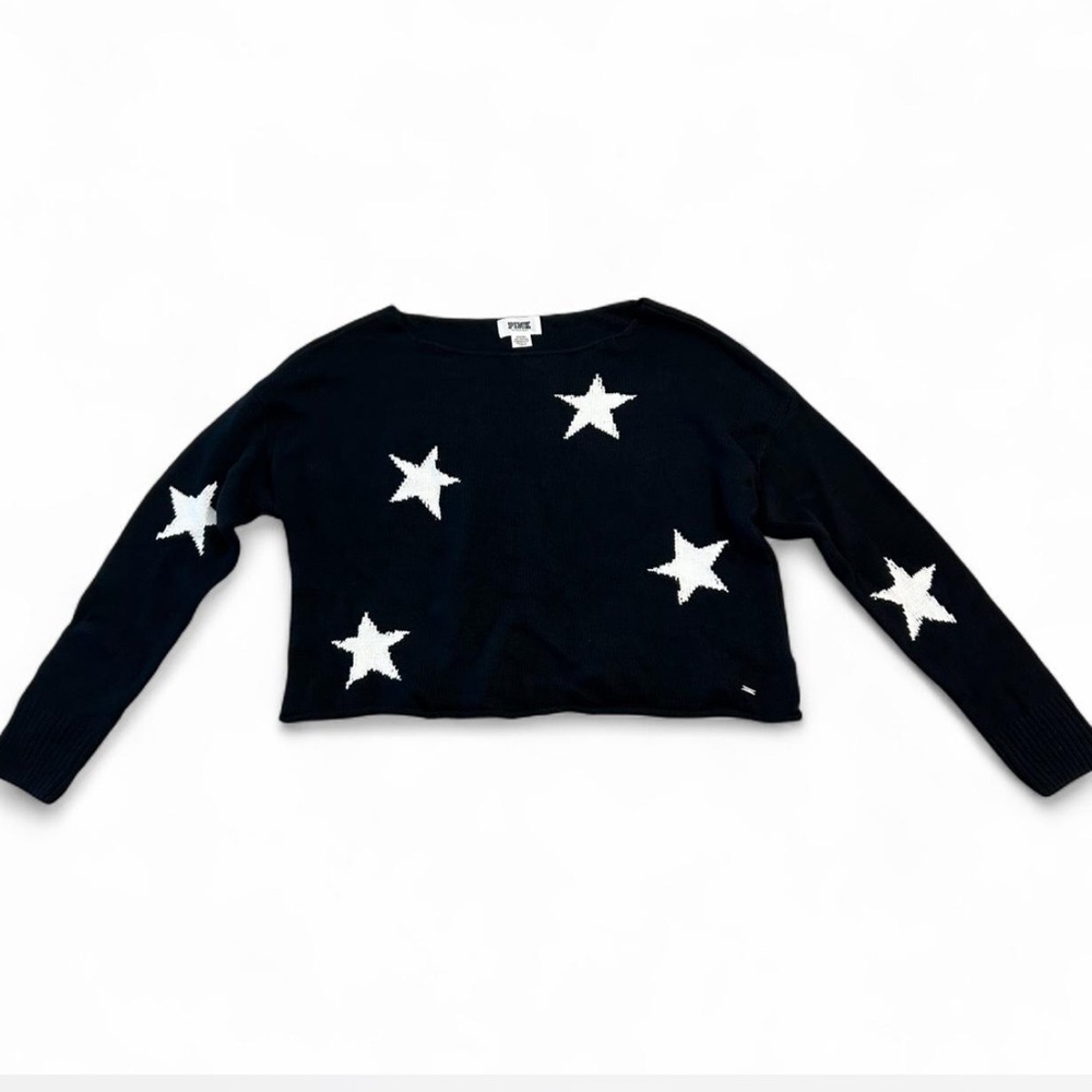PINK Cropped Oversized Boxy Fit Black Sweater with Stars, Size Medium